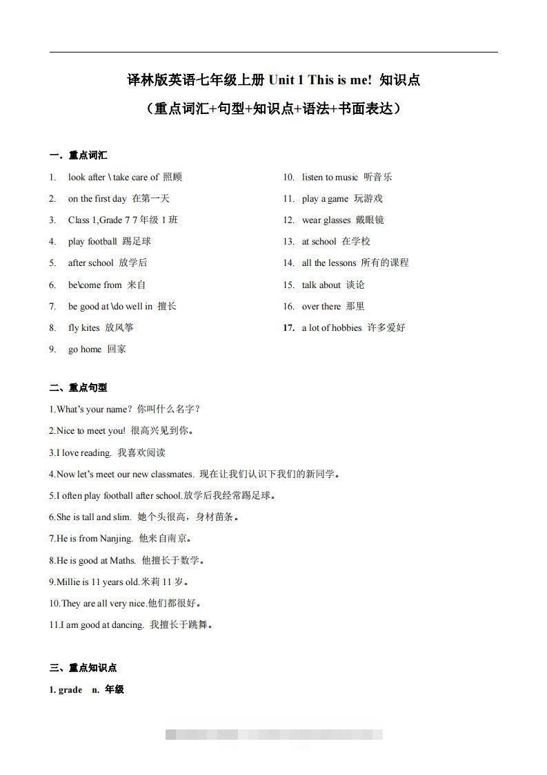 译林版英语七年级上册Unit1Thisisme知识点创学金矿——2025年领先的创业与教育知识付费平台创学金矿· 知识付费平台