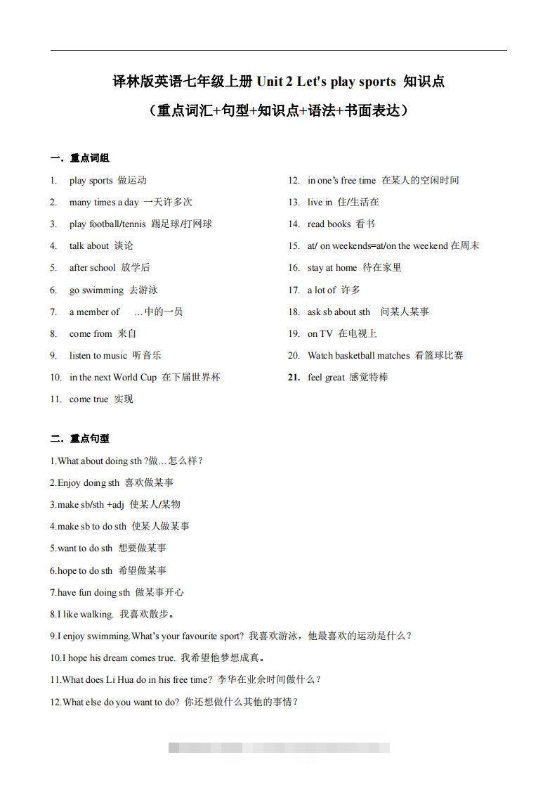译林版英语七年级上册Unit2Let’splaysports知识点_创学金矿——2025年领先的创业与教育知识付费平台创学金矿· 知识付费平台