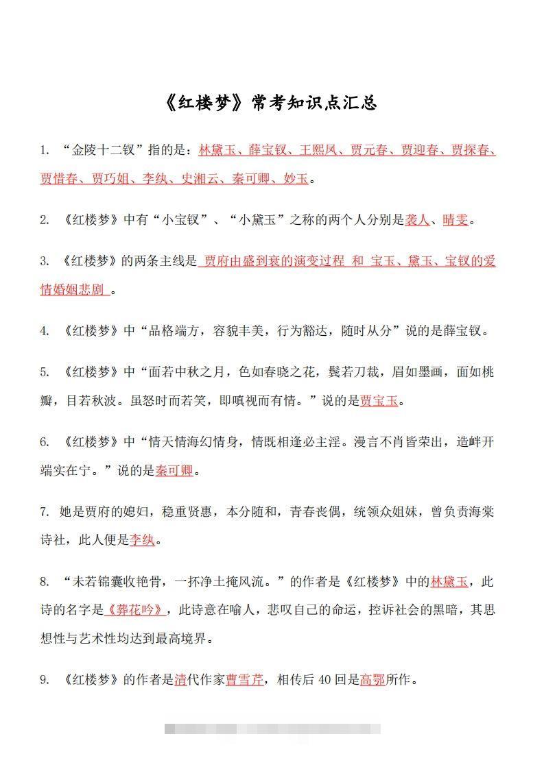 四大名著必考知识点《红楼梦》_知识点创学金矿——2025年领先的创业与教育知识付费平台创学金矿· 知识付费平台