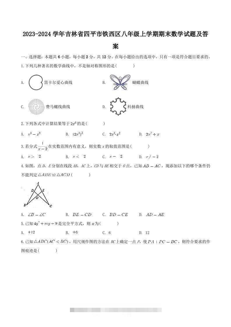 2023-2024学年吉林省四平市铁西区八年级上学期期末数学试题及答案(Word版)创学金矿——2025年领先的创业与教育知识付费平台创学金矿· 知识付费平台