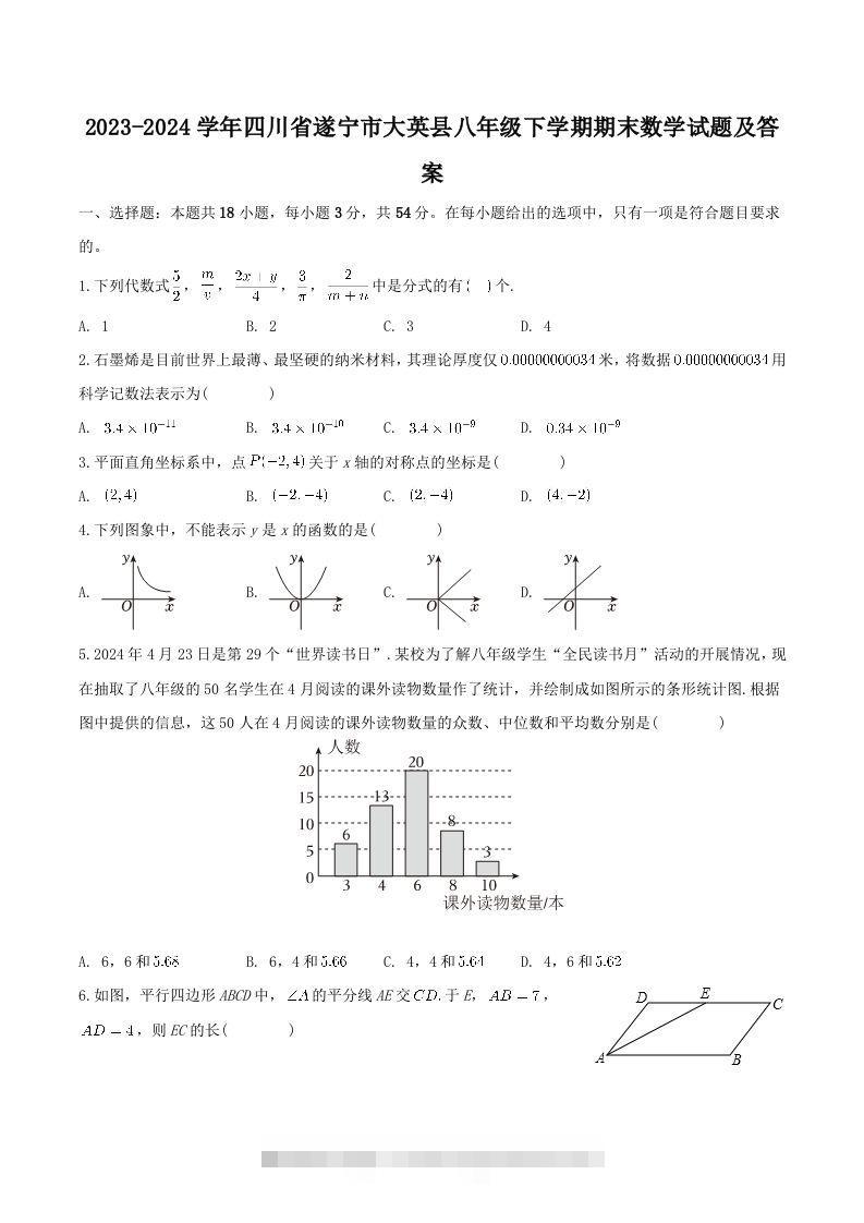 2023-2024学年四川省遂宁市大英县八年级下学期期末数学试题及答案(Word版)创学金矿——2025年领先的创业与教育知识付费平台创学金矿· 知识付费平台